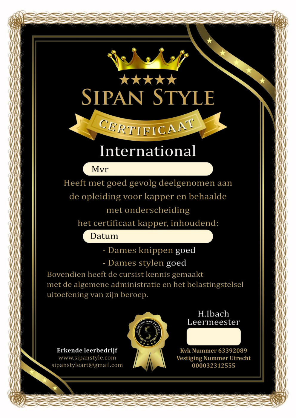 Diploma kapper van Sipan Style Academy