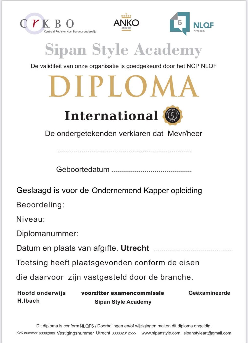 Diploma van Sipan Style Academy